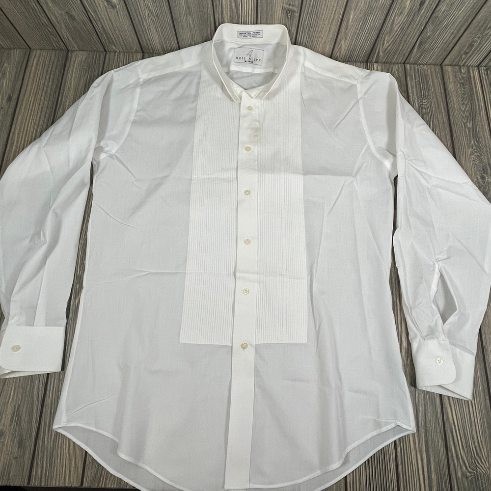 Neil Allyn‎ Tuxedo Shirt Men M 34/35 White Pleated Wing Tip Formal Dress Shirt